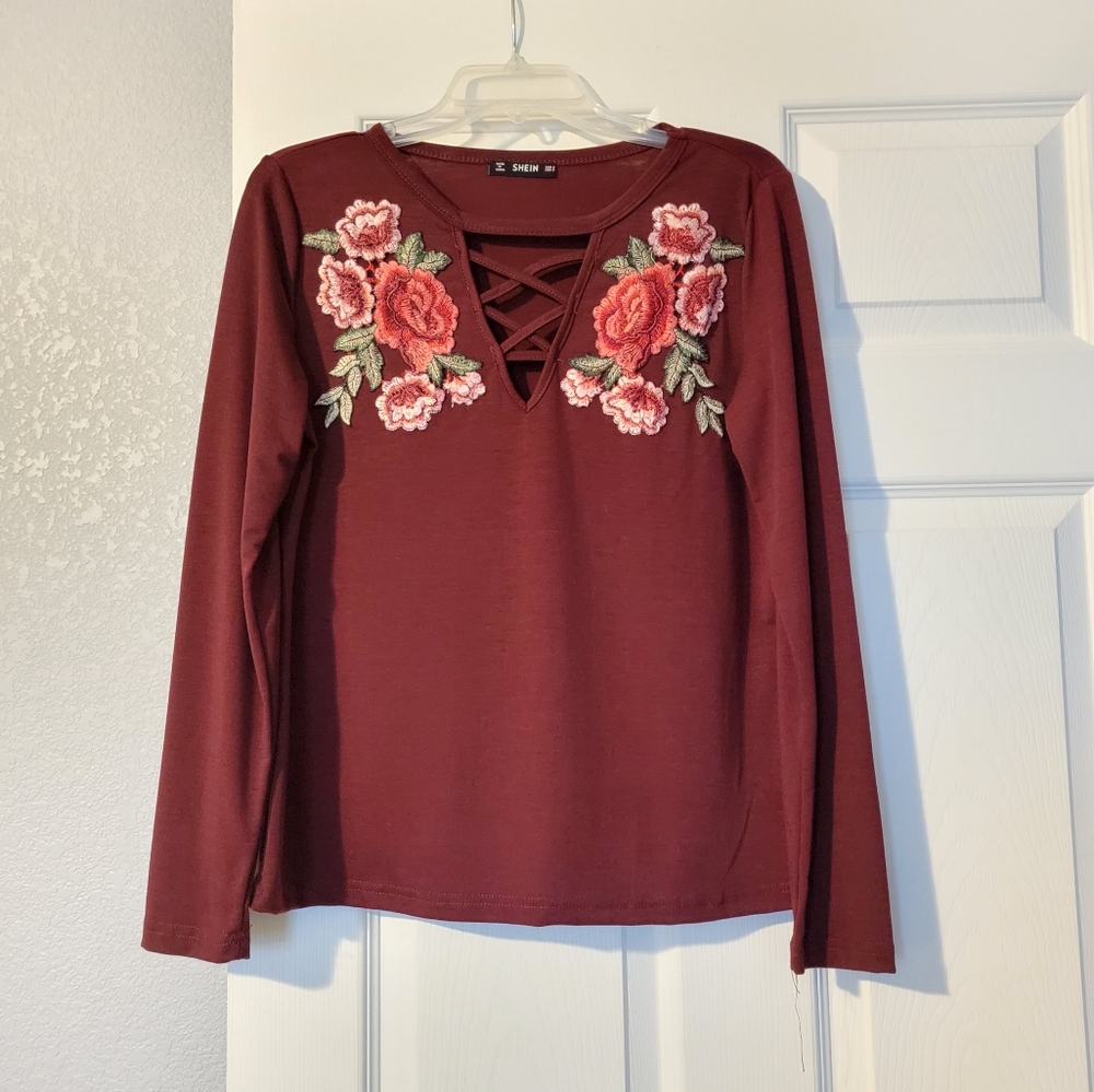 Shein Embroidered Long Sleeve Top